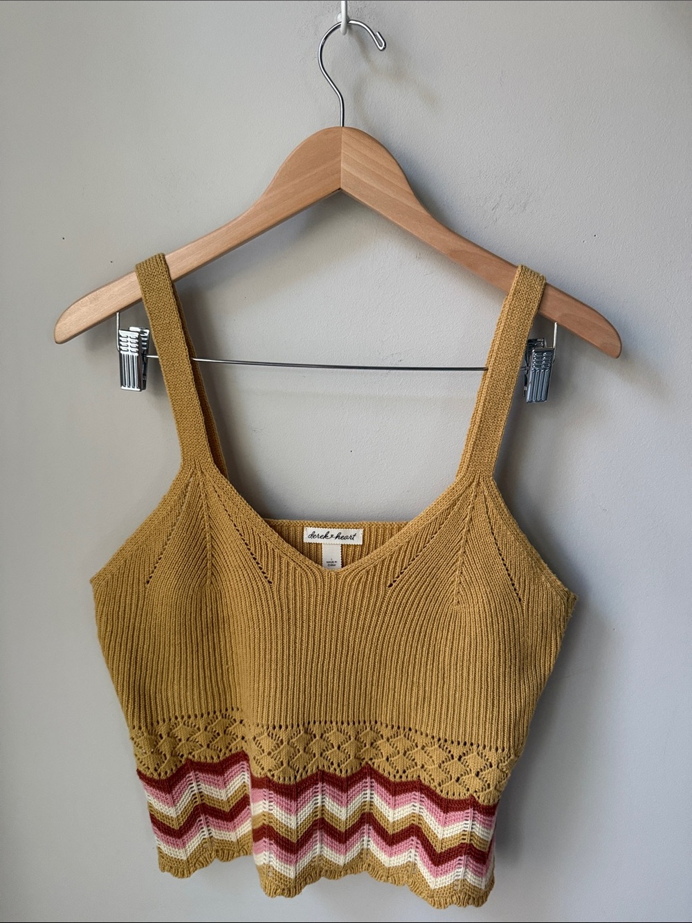 Derek Heart Crochet Knit Tank Top Large Boho Chevron Lace-Up Crop Cami Retro